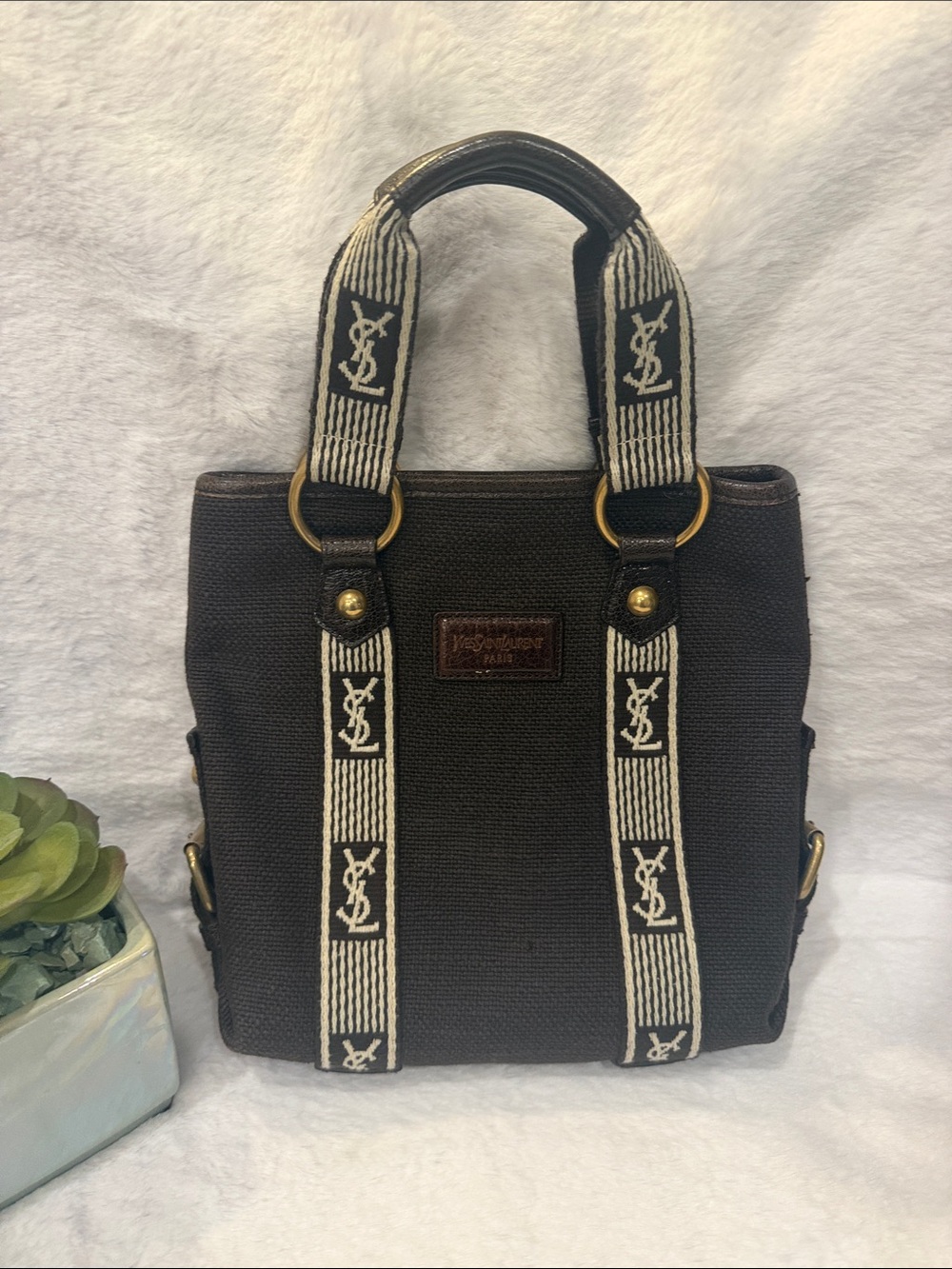 Yves Saint Laurent Brown Tote with Ivory Logo Straps